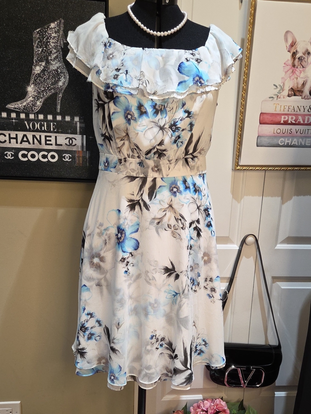Size 8 White House Black Market Light Blue & White Floral Ruffle Midi Dress